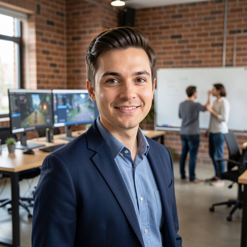 Modern open-plan office interior in Melbourne with exposed brick walls, standing desks, multiple monitors displaying game interface designs, and a small team collaborating around a whiteboard